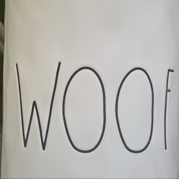 Rae Dunn WOOF Canister Dog Treat Jar White Black Letters Dimples NWT 2017 OG - Picture 3 of 14